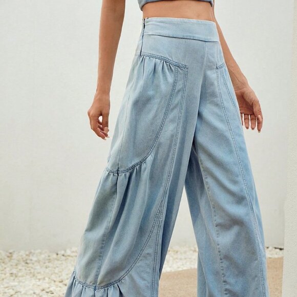 Blue Casual Womens High Waist Ruffle Hem Wide Leg Jeans - Picture 4 of 5